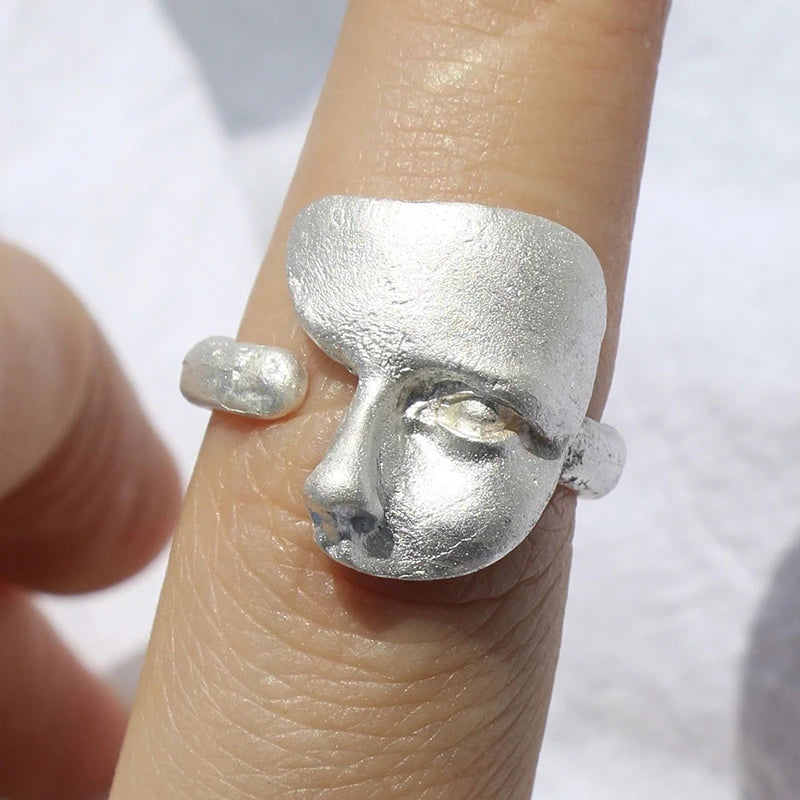 YIZIZAI Mystical Masked Faces Ring - Creative Goth Style Open Rings for Men & Women, Unique Jewelry Gift