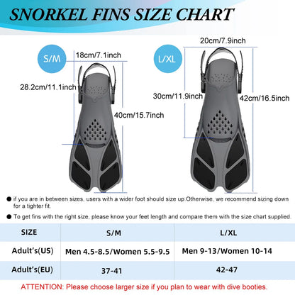 Adjustable Buckle Snorkel Fins - Short Silicone Swimming Flippers, Scuba Diving Shoes with Open Heel, Travel Size for Adults