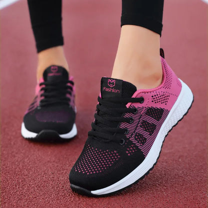 Women Casual Breathable Mesh Lace-Up Flat Shoes: Walking Sneakers in Pink, Black, White - Tenis Feminino