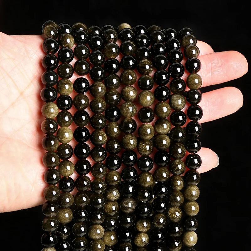 Golden Obsidian Bead Set - Natural Stone Spacer Beads in Iridescent Round Cut, 4mm-12mm Sizes for DIY Jewelry, Bracelets and Necklaces