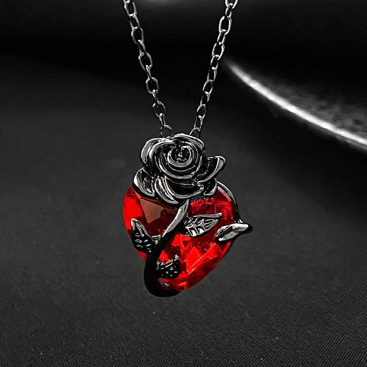 Gothic Rose Red Love Necklace - Y2K Grunge Jewelry with Silver-Tone Bloody Human Heart Pendant for Women. Personalized Gifts