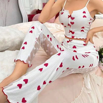 Hot Selling Women's Pajamas Set - 2PCS White Tank Top and Shorts Sleepwear with Red Love Print, Soft and Casual