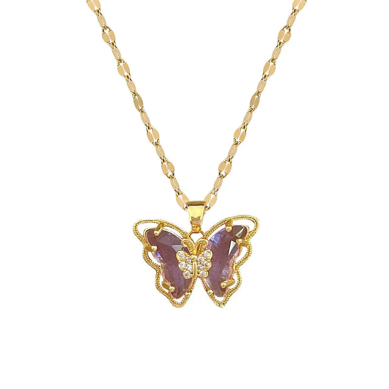 Gorgeous Hollow Titanium Steel Butterfly Necklace with Crystal Drop – Stylish and Elegant Jewelry for Women