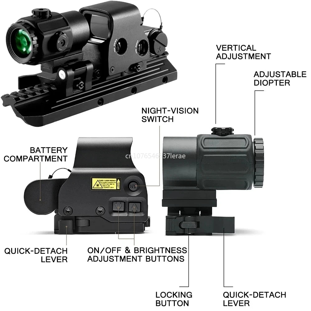 Eotech 558 Holographic Red Dot Sight with G43/G33 3X & G45 5X Magnifier - Airsoft Hunting Gear, 20mm Rail Mounts and QD Lever