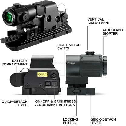 Eotech 558 Holographic Red Dot Sight with G43/G33 3X & G45 5X Magnifier - Airsoft Hunting Gear, 20mm Rail Mounts and QD Lever