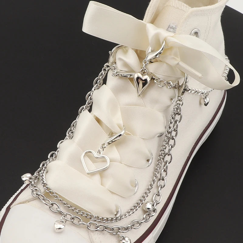 Sweet Cool Stainless Steel Shoe Decorations: Hollow Star Love Pendant Pearl Double Layer Bling Rhinestone Shoe Chain Croc Charms