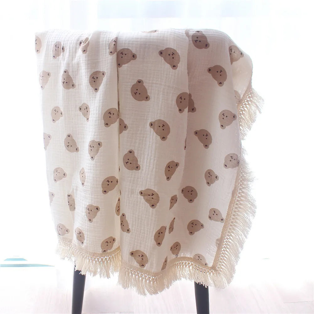 Muslin Swaddle Baby Blanket - Double Layer Cotton for Newborns, Summer Comforter with Fringe, Infant Bedding Essentials