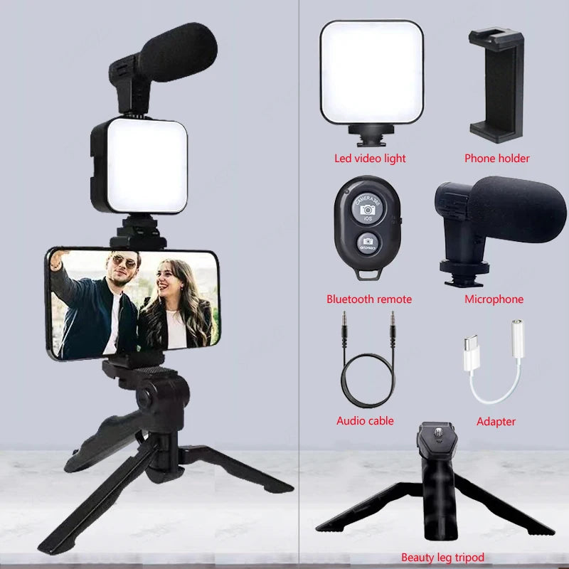 AY49 Smartphone Vlogging Kit - Tripod, Phone Holder, Mini Microphone, LED Fill Light for TikTok, YouTube Live Stream