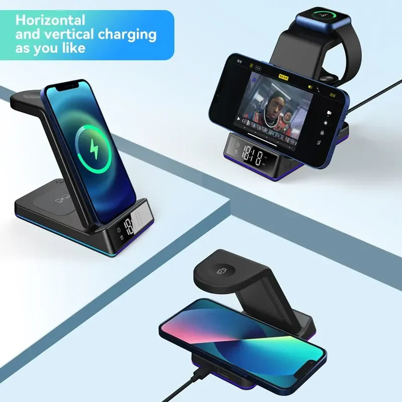 5 in 1 Foldable Wireless Charger Stand 15W with RGB LED Clock - Fast Charging Station Dock for iPhone, Samsung Galaxy, Watch 6/5, S23, S22