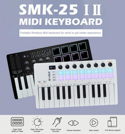 M-VAVE SMK-25 II MIDI Pad Controller - USB Mini 25-Key Keyboard, 16 RGB Drum Pads, 8 Knobs, Music Production Software Included