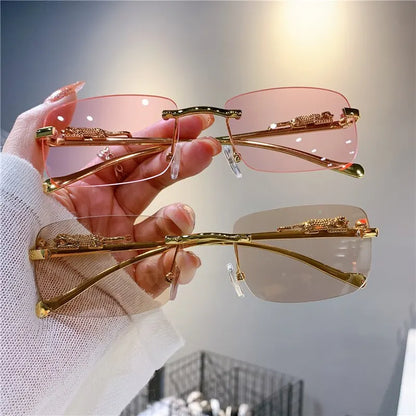 Vintage Rimless Cut Edge Sunglasses: Fashion Designer Shades with Luxury Golden Leopard Frame - UV400 Protection