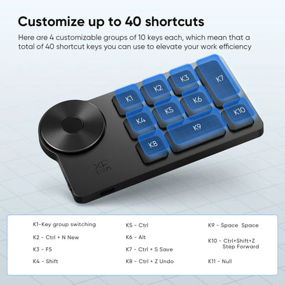 XPPen ACK05 Portable Wireless Shortcut Remote with 10 Custom Keys & 1 Physical Dial - 1000mAh Battery, Bluetooth Connection Support