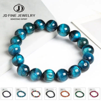 JD High-Quality Blue Tiger Eye Buddha Bracelet - Natural Stone Round Beads, Handmade Yoga Bangle, Casual Jewelry for Women & Men