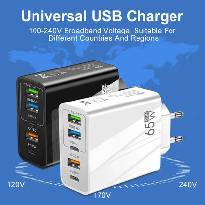 65W Fast Charger Mobile Charging Head: PD Plus 3USB Travel Multi-Interface Charger 3.1A - Compatible with Samsung, Xiaomi, iPhone - EU/US Adapter