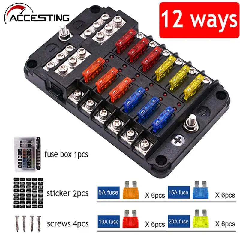 12-Way Car Boat Fuse Box Holder: Blade Fuse Holder Block with Warning Indicator - 12V~24V Power Distribution Panel Board