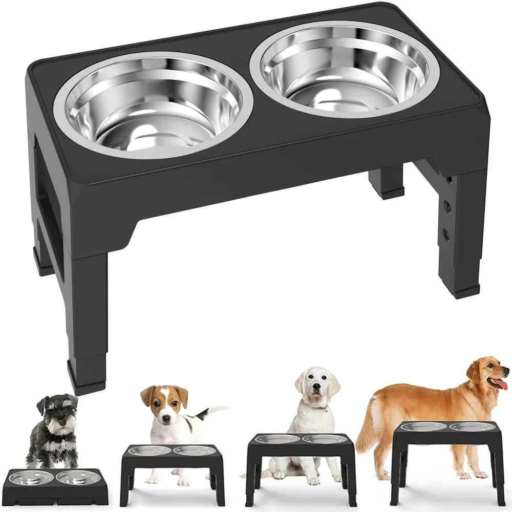 Adjustable Elevated Dog Feeder Stand - Double Stainless Steel Bowls - Ideal for Small, Medium & Large Dogs - Raised Bowls for Comfortable Dining