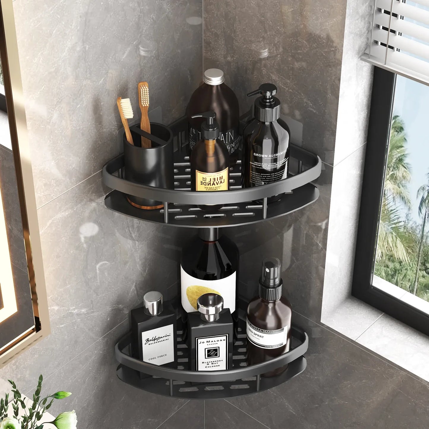 Wall-Mounted Bathroom Storage Rack: No Drill Corner Shelf Shower Holder - WC Shampoo Organizer, Bathroom Accessories Shelves