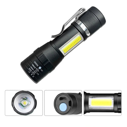 USB Rechargeable Mini Flashlight – COB+XPE Portable, Zoomable, 3 Mode Torch for Camping & Emergency