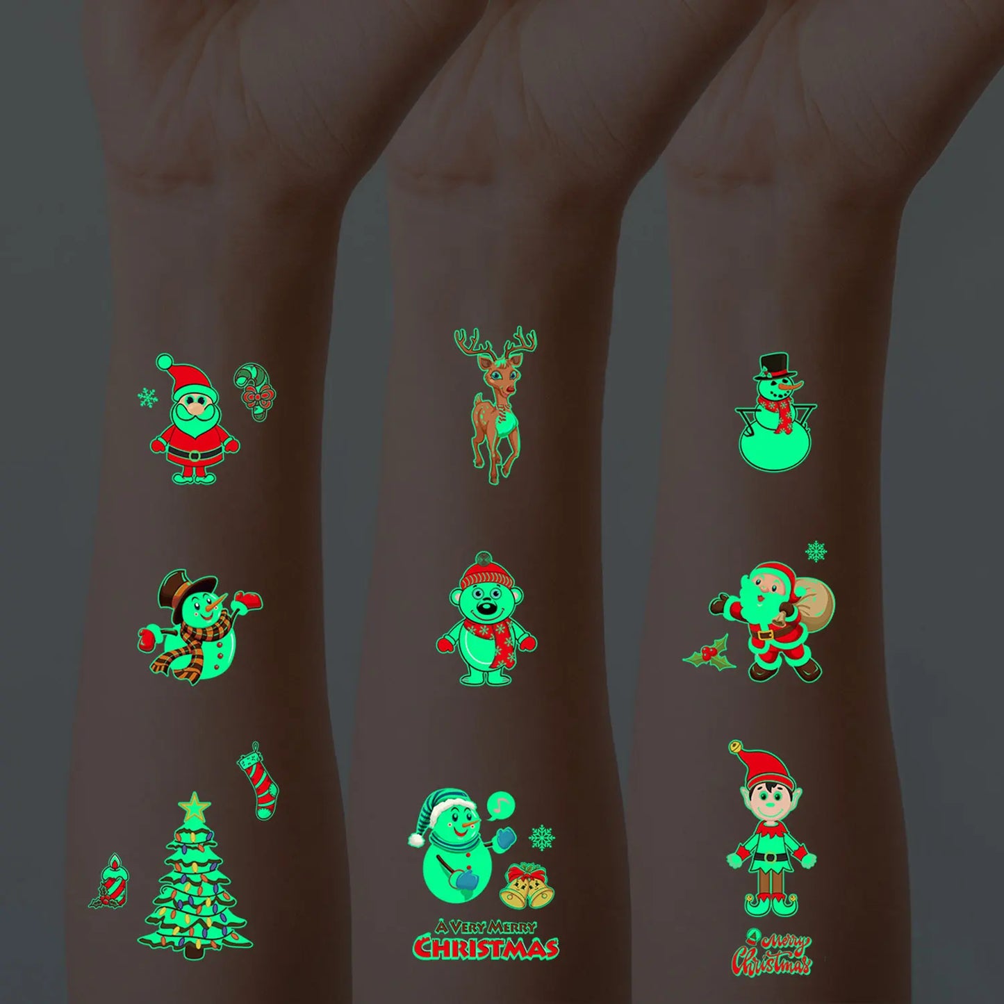 10 Sheets Christmas Luminous Tattoo Stickers - Glow in the Dark Snowman and Holiday Patterns, Waterproof Temporary Tattoos