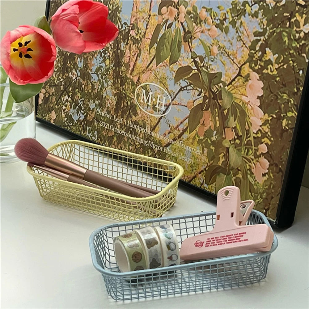 Metal Storage Basket | Desktop Sundries Organizer for Makeup, Stationery, and Photocard Storage | Office and Home Supplies