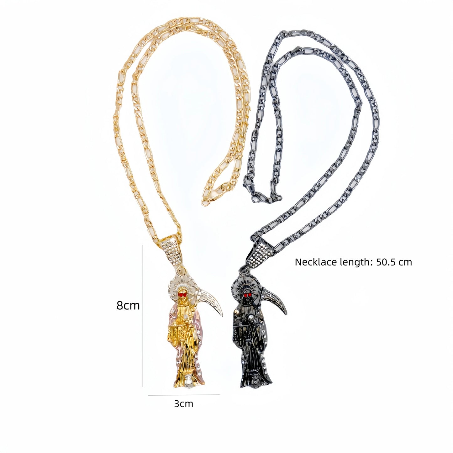 Santa Muerte Necklace – Figaro Chain with Santisma Muerte Pendant and St. Jude Charm for Men and Women