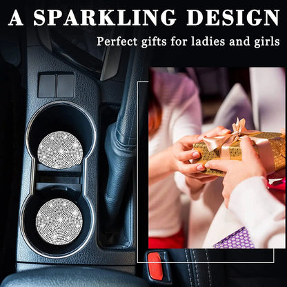 Sparkle Your Ride: 2pcs Cute Bling Car Cup Holder Coaster Mat with Rhinestone - Universal Anti-Slip Automotive Interior Accessories for Women and Girls