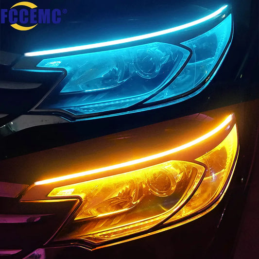 2pcs LED DRL Car Daytime Running Light - Flexible Waterproof Strip with White Daytime Running and Yellow Turn Signal/Brake Flow Lights - 12V Auto Headlights