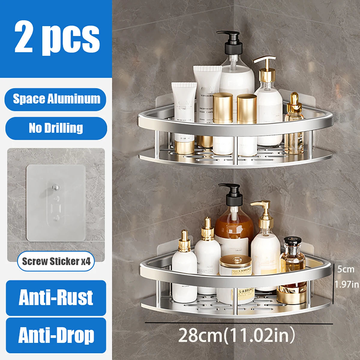 Shower Corner Shelf Caddy - No Drill Rust-Proof Organizer for Bathroom, Corner Wall Shelf and Shampoo Holder