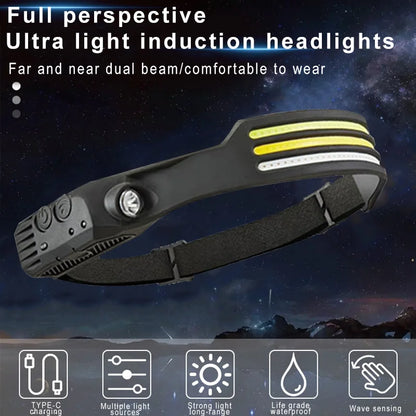 Induction Headlamp COB LED Sensor Head Lamp - USB Rechargeable Flashlight with Built-in Battery - 5 Lighting Modes Head Torch for Versatile Headlight Use