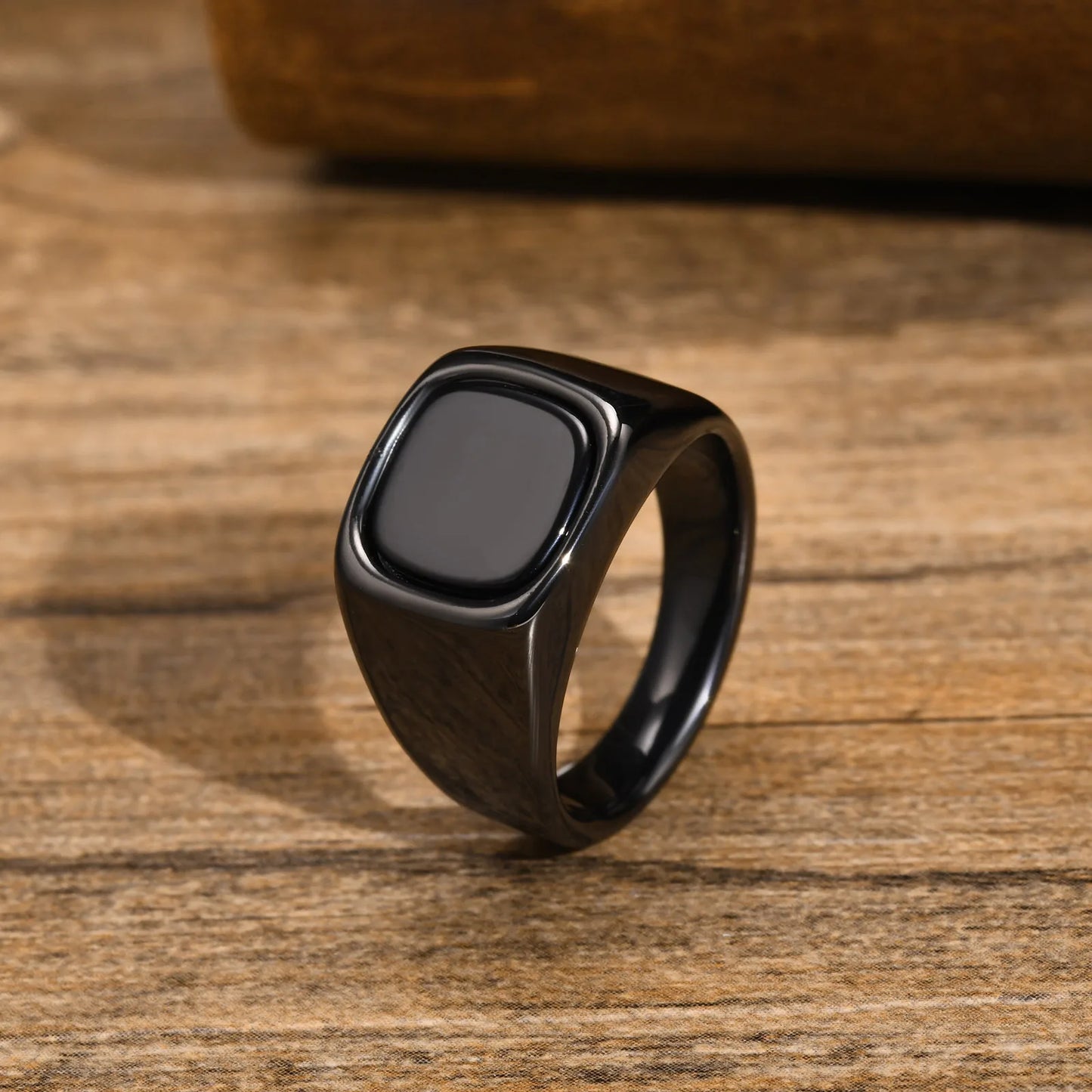 Stylish Black Stone Ring for Men - Waterproof Stainless Steel Geometric Square Signet Ring, Perfect Jewelry Gift for Him