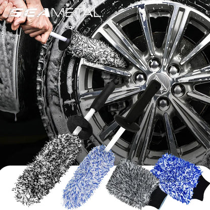 SEAMETAL Car Wash Microfiber Wheels Brush: Ultra-Soft Non-Slip Cleaning Gloves Mitt - Spokes Brushes Car Accessories