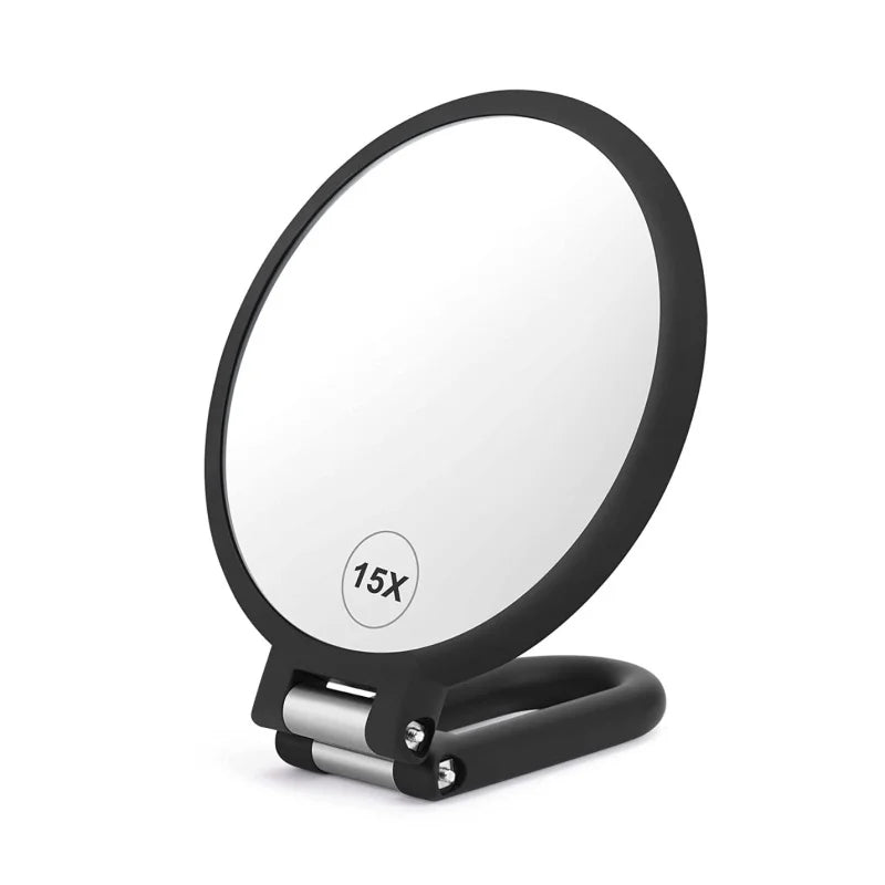 Double-Sided Magnifying Handheld Mirror - 1X/15X Magnification, Travel-Friendly with Folding Stand, Adjustable for Dressing Table