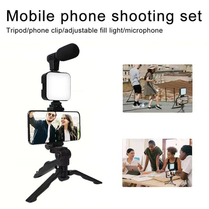 AY49 Smartphone Vlogging Kit - Tripod, Phone Holder, Mini Microphone, LED Fill Light for TikTok, YouTube Live Stream