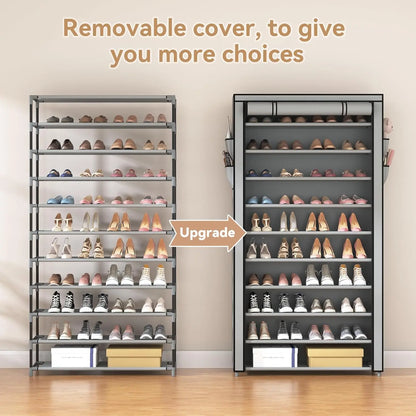 Stackable 10-Tier Shoe Rack with Covers - Tall Shelf Storage for 50-55 Pairs of Shoes and Boots, Large Capacity Vertical Rack