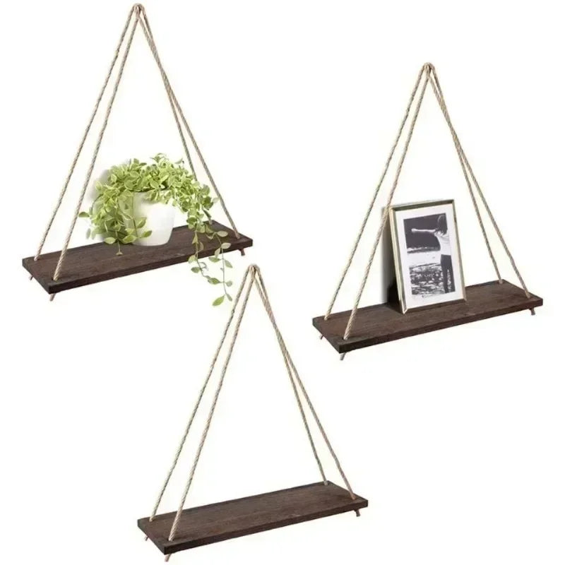 Wooden Rope Swing Wall Hanging Plant Pot Tray – Nordic Floating Shelves for Simple Home Decoration