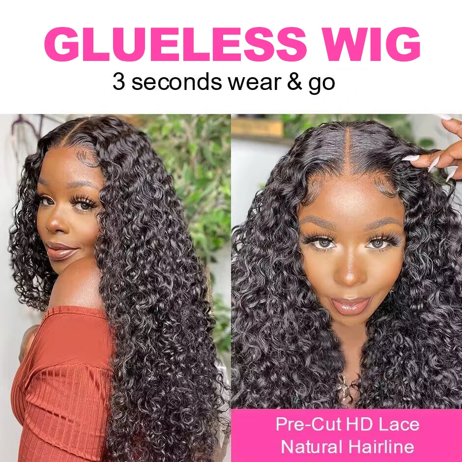 Water Wave Glueless Wig : Pre-Cut HD Lace Wig 180% Density - Natural Wave Curly Human Hair Wigs for Women