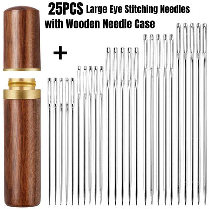 25PCS Large Eye Stitching Needles: 5 Sizes Big Eye Hand Sewing Sharp Needles - Embroidery Thread Needle with Wooden Case