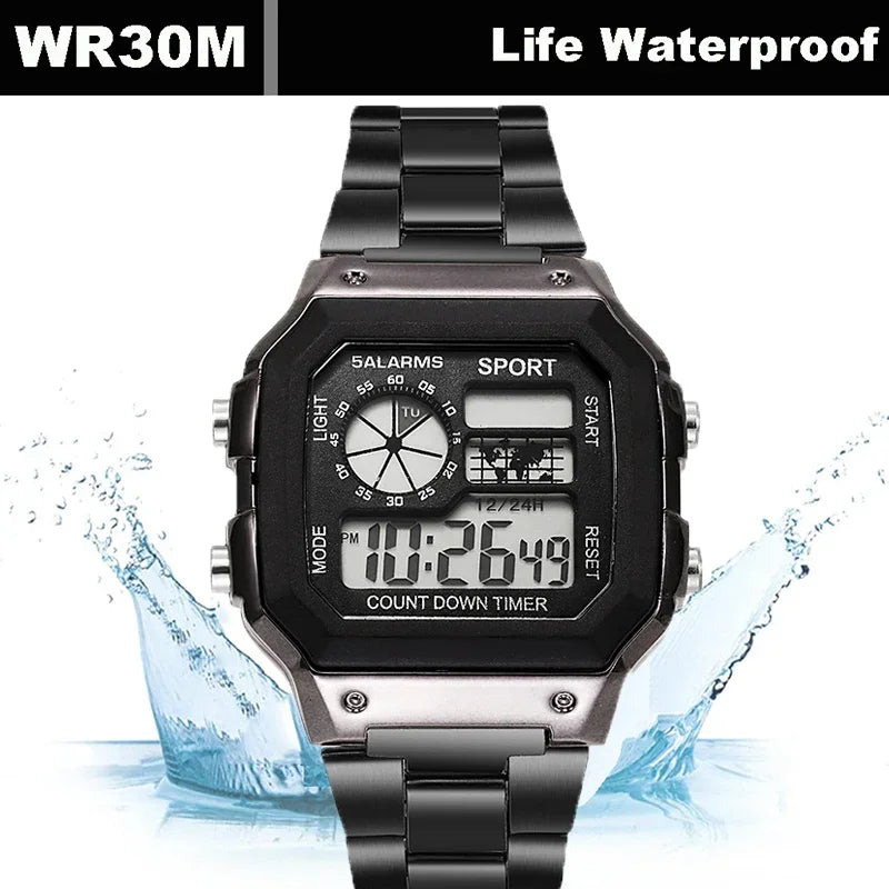 YIKAZE Luxury Stainless Steel Sport Watch – Military Digital, Waterproof LED Wristwatch for Men