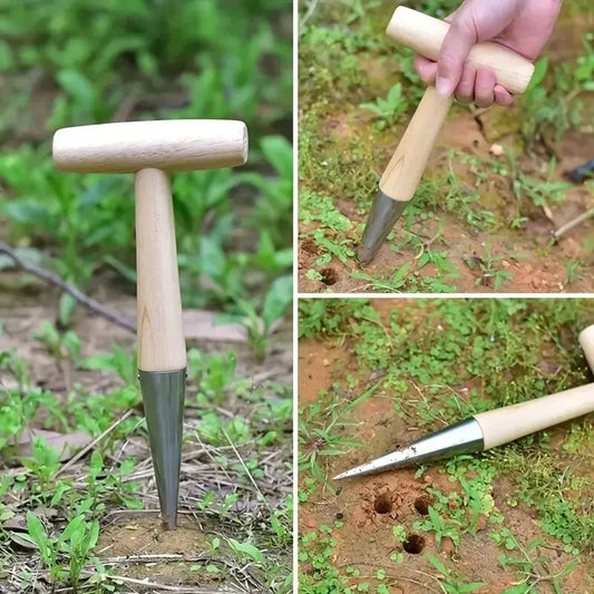 Hand Sow Dibbler with Wood Handle - Seed Sowing and Transplanting Tool for Planting Bulbs and Digging in Gardens