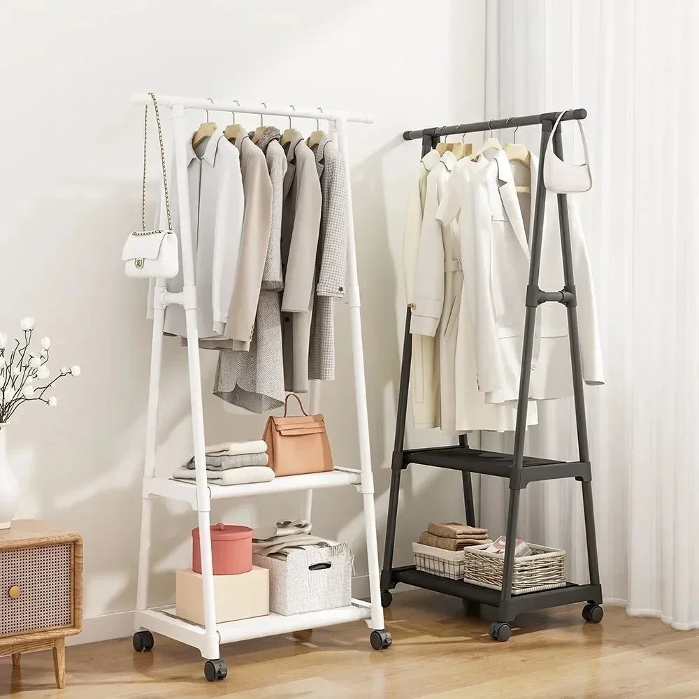 Standing Coat Rack with Wheels - Triangle Pulley Clothes Shelf for Bedroom and Household Storage