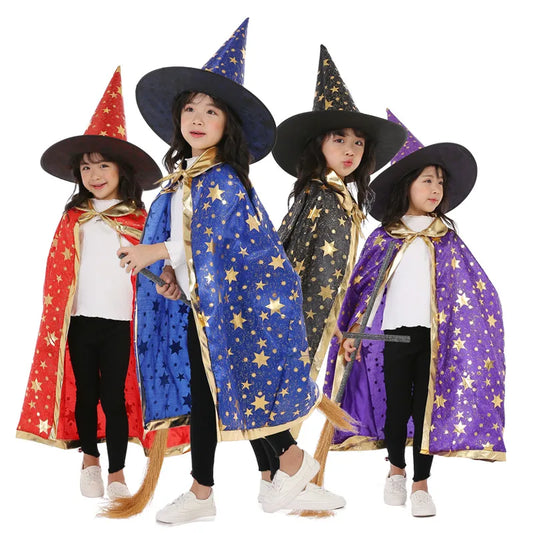 Kids Halloween Witch Cloak and Hat Set - 5-Star Cosplay Costume, 90cm Length for Height 100-160cm, Perfect for Parties and Dress-Up