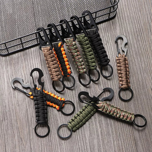 Outdoor Military Paracord Keychain: Camping Carabiner with Survival Tools - Emergency Knot, Bottle Opener, Rope, and Key Ring