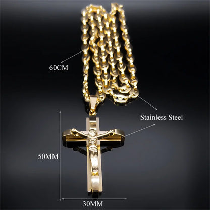 Jesus Cross Crucifix Pendant Necklace - Gold Stainless Steel Christian Coffee Bean Chain for Men, Croix Chrétienne