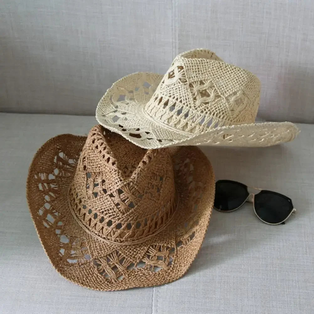 Classic Vintage Straw Western Cowboy Hat - Unisex Hollow Out Design with Wide Brim, Sun Protection Fishing and Climbing Cap