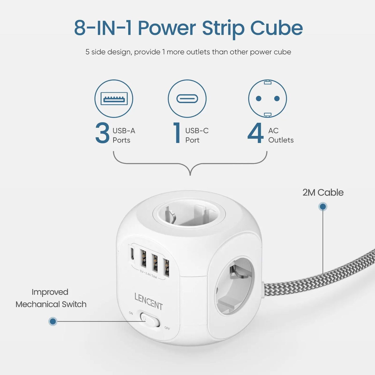 LENCENT EU Plug Power Strip - 4 AC Outlets, 3 USB Ports, 1 Type C, 2M/3M Braided Cable - Multi Socket with Switch for Home