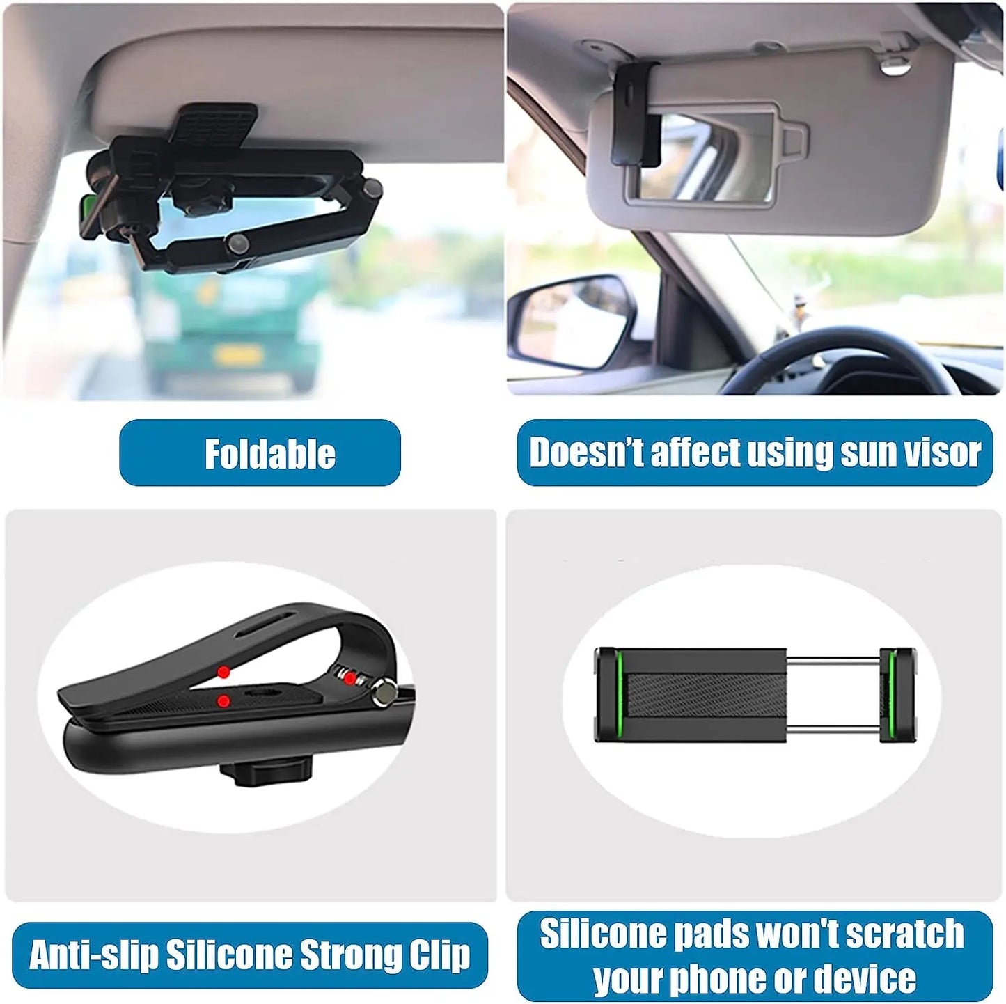 360° Rotating Sun Visor Phone Holder for Car – Universal iPhone, Samsung, and Android Cell Phone Mount