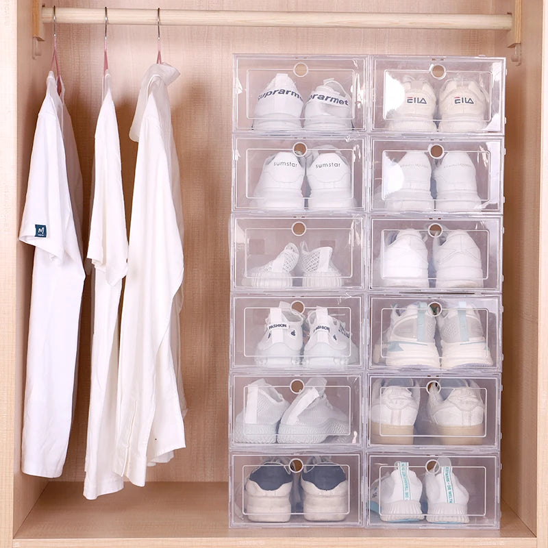 6pcs Set Foldable Plastic Shoe Cases - Thickened Transparent Stackable Drawer Boxes for Shoe Organization