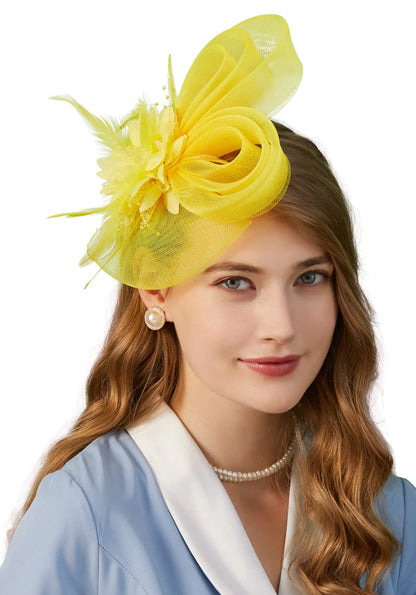 Women's Flower Mesh Fascinator with Ribbons and Feathers - Brides Hair Accessories, Headband or Clip for Cocktail Tea Party Headwear