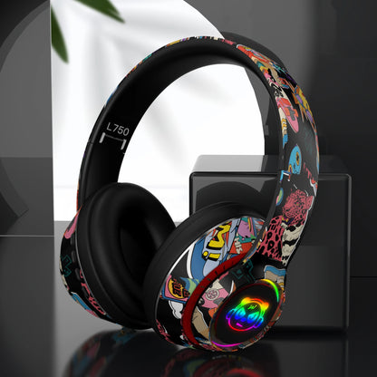 Graffiti Bluetooth 5.1 DJ Headphones – Wireless Gamer Headset with Mic, RGB LED Light, TF Card Support for Kids and PC