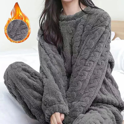 Cozy Autumn Essential: Women's Solid Warm 2 Piece Sets - Thicken Velvet Ribbed Fleece Pullover and Pants, Casual Pajama Sets